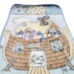 VTG Precious Moments Baby Blanket Noahs Ark Luxe Plush Fleece Throw Lovey 44x31"